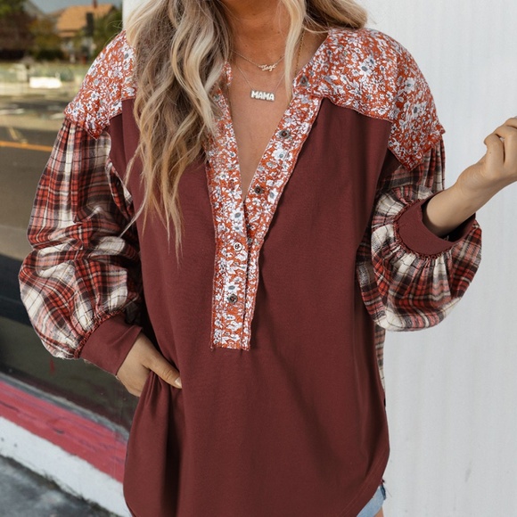 Tops - B069 Fiery Red Floral Plaid Mixed Print Bishop Sleeve Patchwork Top